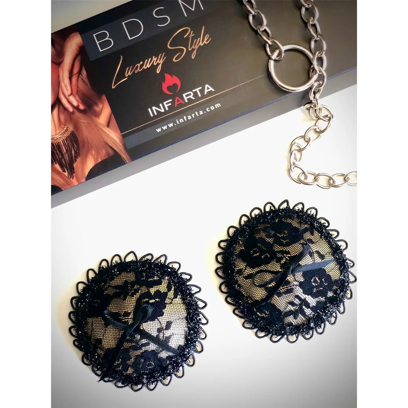 Antifaz Y Pezoneras De Raso Y Puntilla Color Champagne -Infarta Sens- - Imagen 3